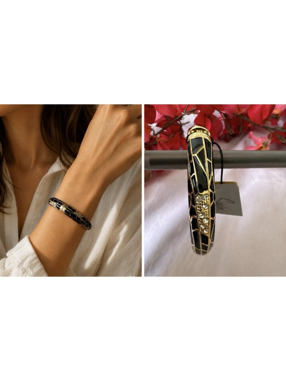 Sequin Brand Black Gold CZ Enamel Floral Cloisonne Bangle Womens Bracelet 7" NEW